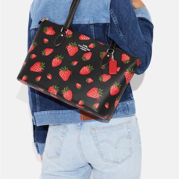 NWT Coach Black Tote Bag W/Wild Strawberry Print, Silver Hardware, Coated Canvas - Picture 8 of 17